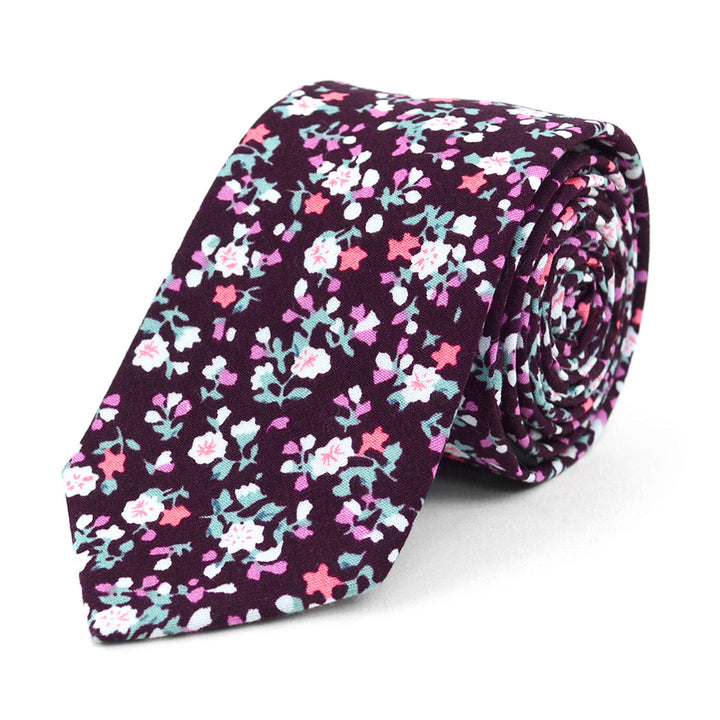 Plum / Violet / Pink Floral Woven Cotton Slim Necktie