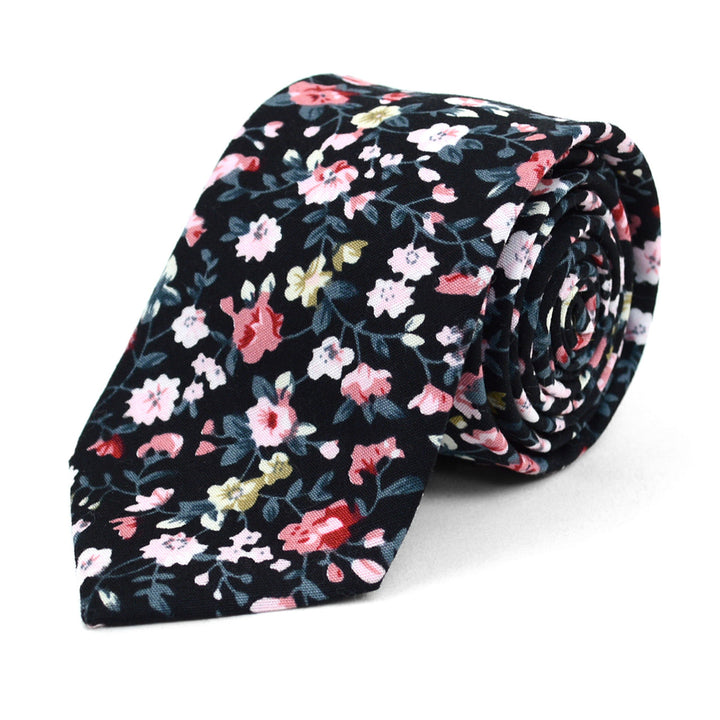 Black / Pink Floral Print Cotton Slim Necktie