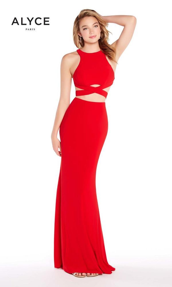 ALYCE - 60003 RED High Neck Halter Jersey 2-Piece Dress - Size 12