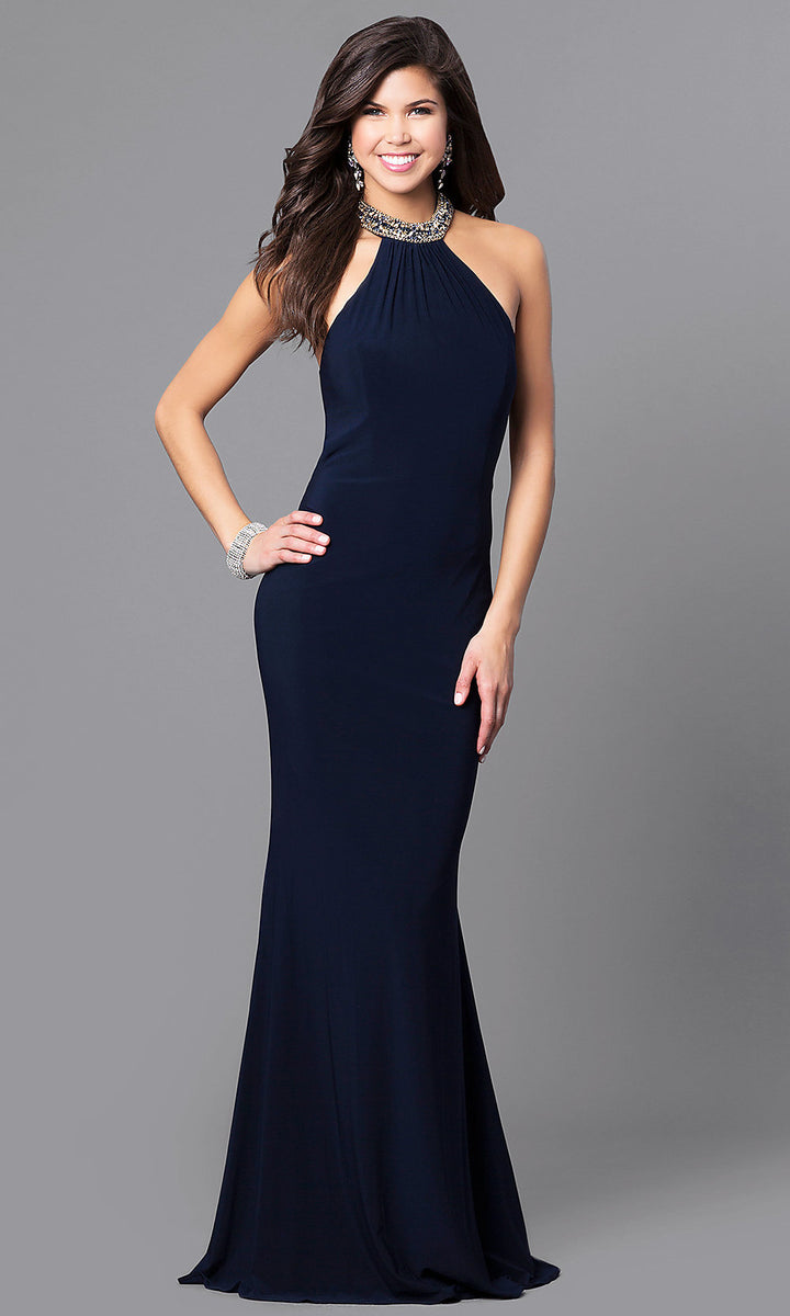 Alyce 8008 Navy Beaded Neck Fitted Jersey Dress - Size 6