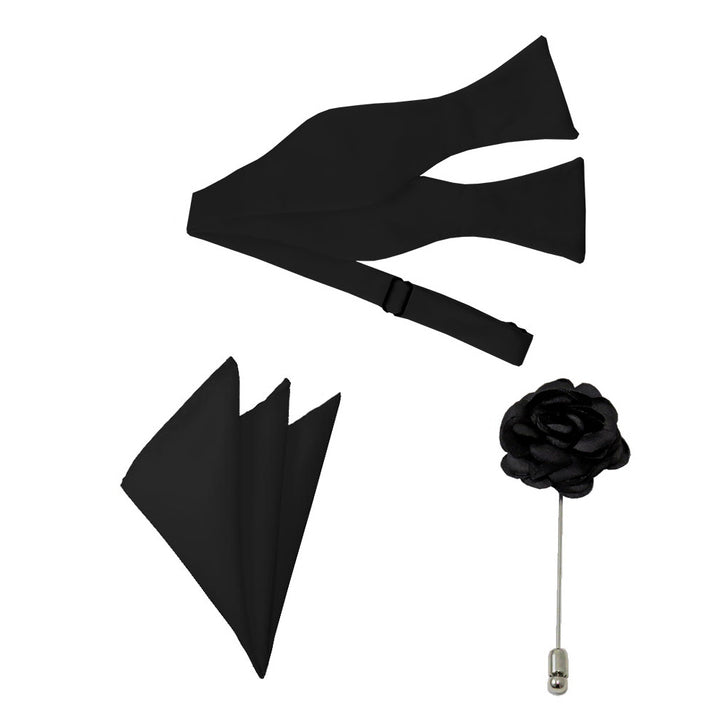 Black Bow Tie, Pocket Square & Lapel Pin Set