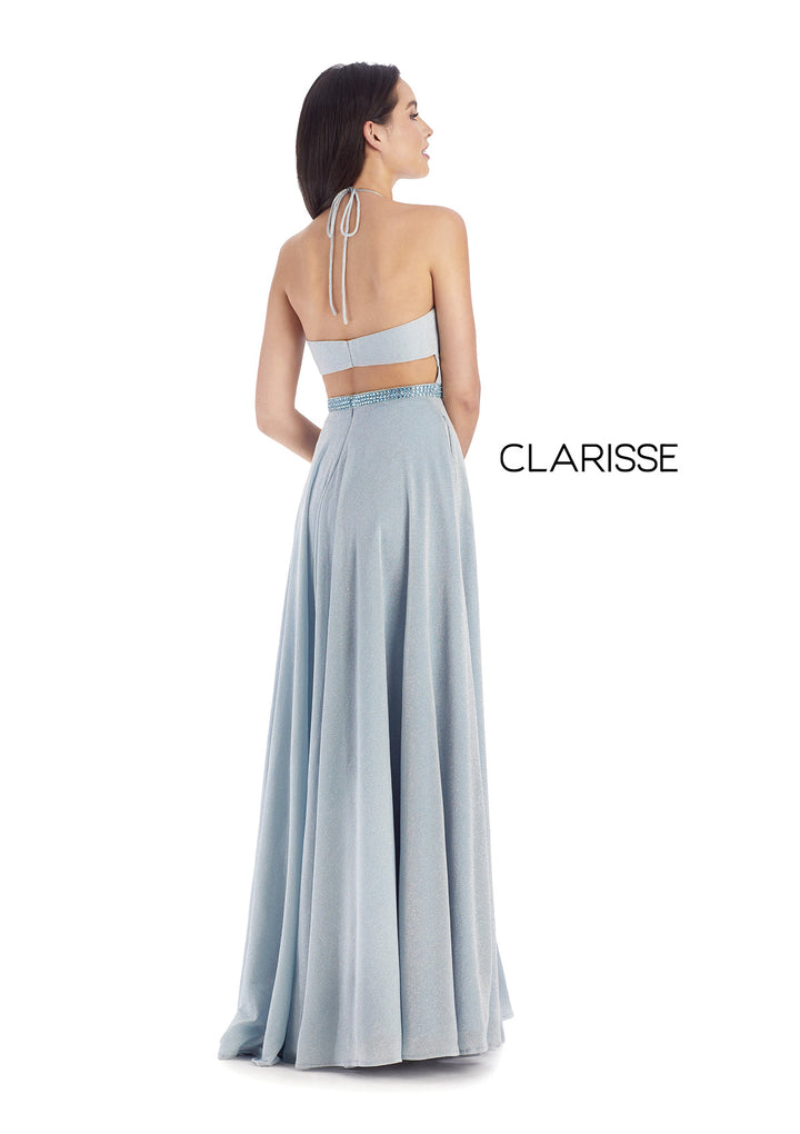Clarisse 8051 is a halter neck long prom dress with a beaded belt, open back, and shimmering a-line knit skirt. (Back - Aqua)