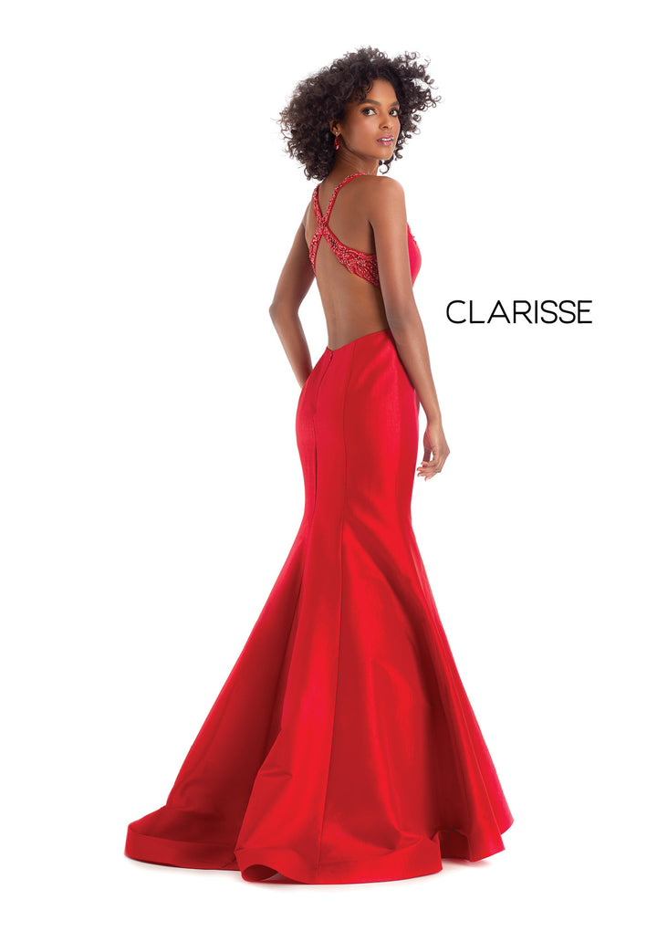 Clarisse 8195 is a mermaid prom dress with a wide v neckline with beaded straps that cross over the open back, and is made in luminous stretch taffeta fabric.