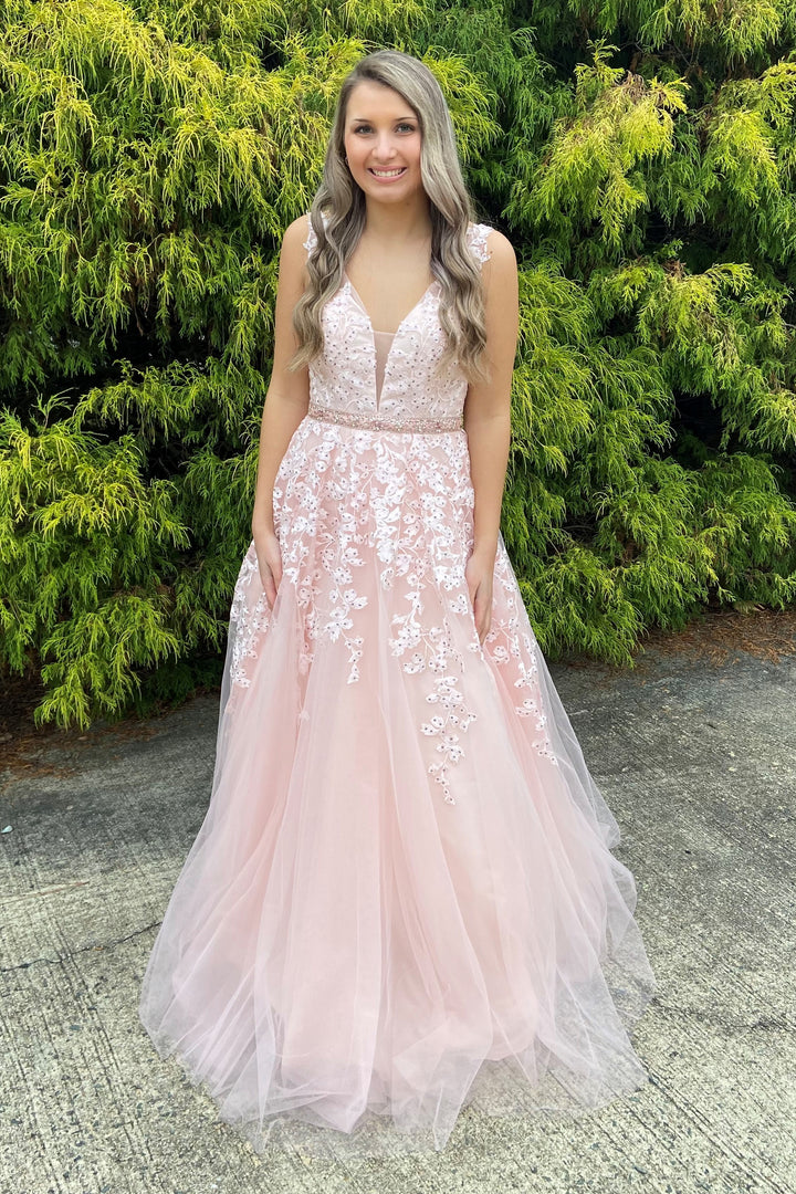 ENVIOUS Couture 1456 Blush V-Neck Lace Tulle Beaded Belt Ballgown