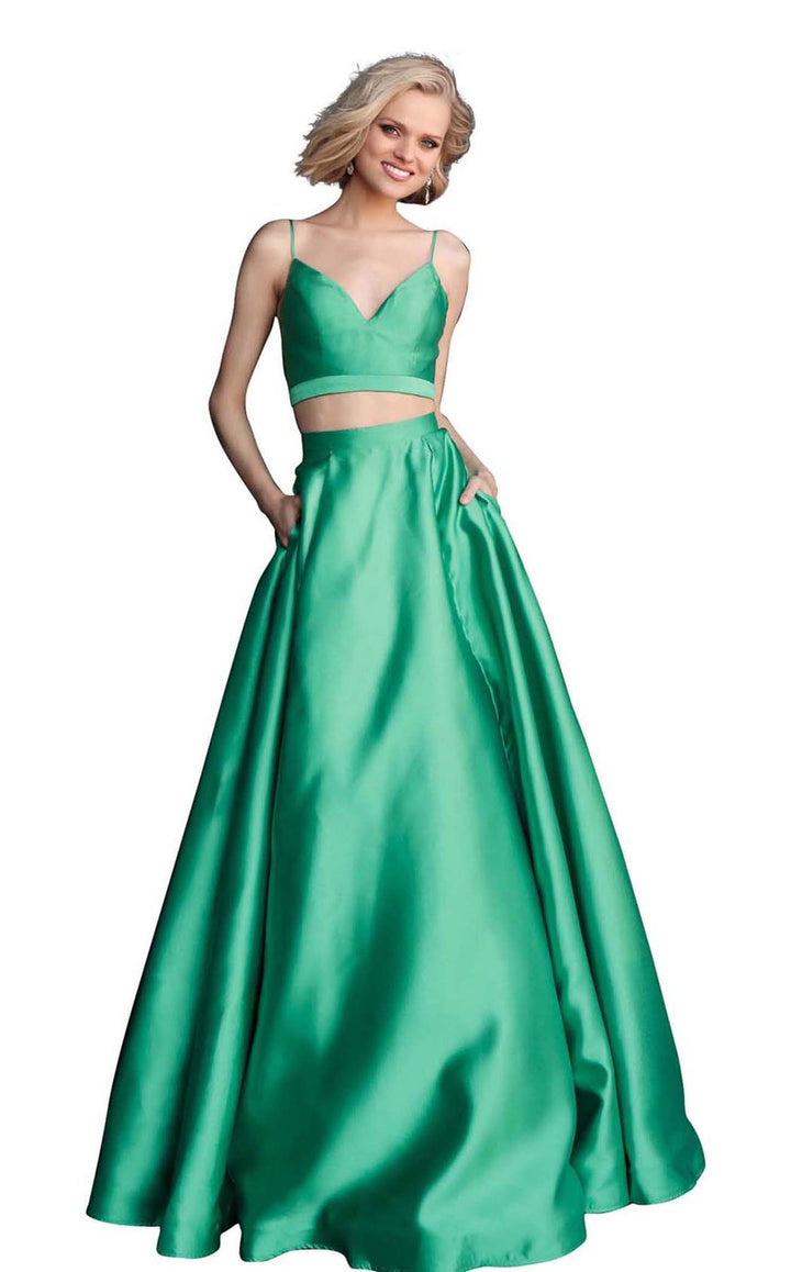 JVN by Jovani 59636 Green V-Neck 2 Piece A-Line Dress - Size 6