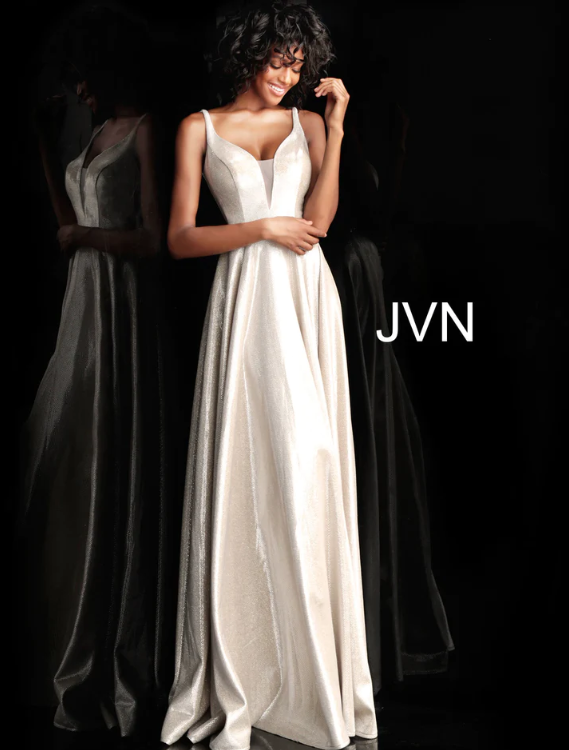 JVN by Jovani 67050 V-Neck Metallic Sheath Dress