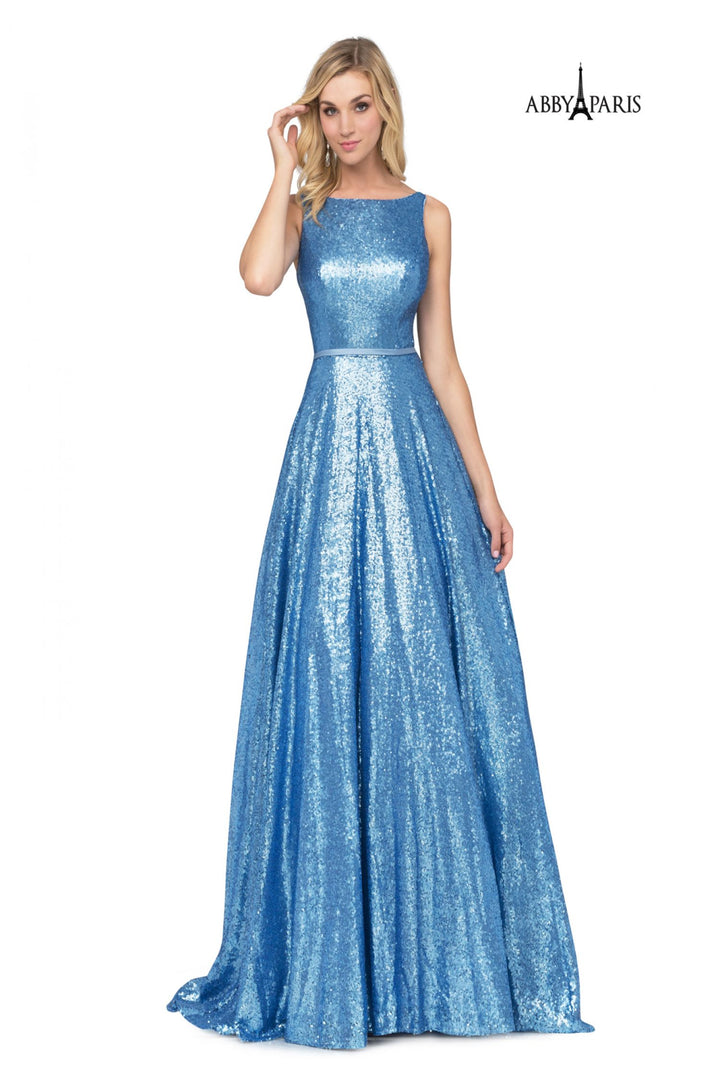 Abby Paris by Lucci Lu 981023 Baby Blue Sequin Modest A-Line Dress - Size 8