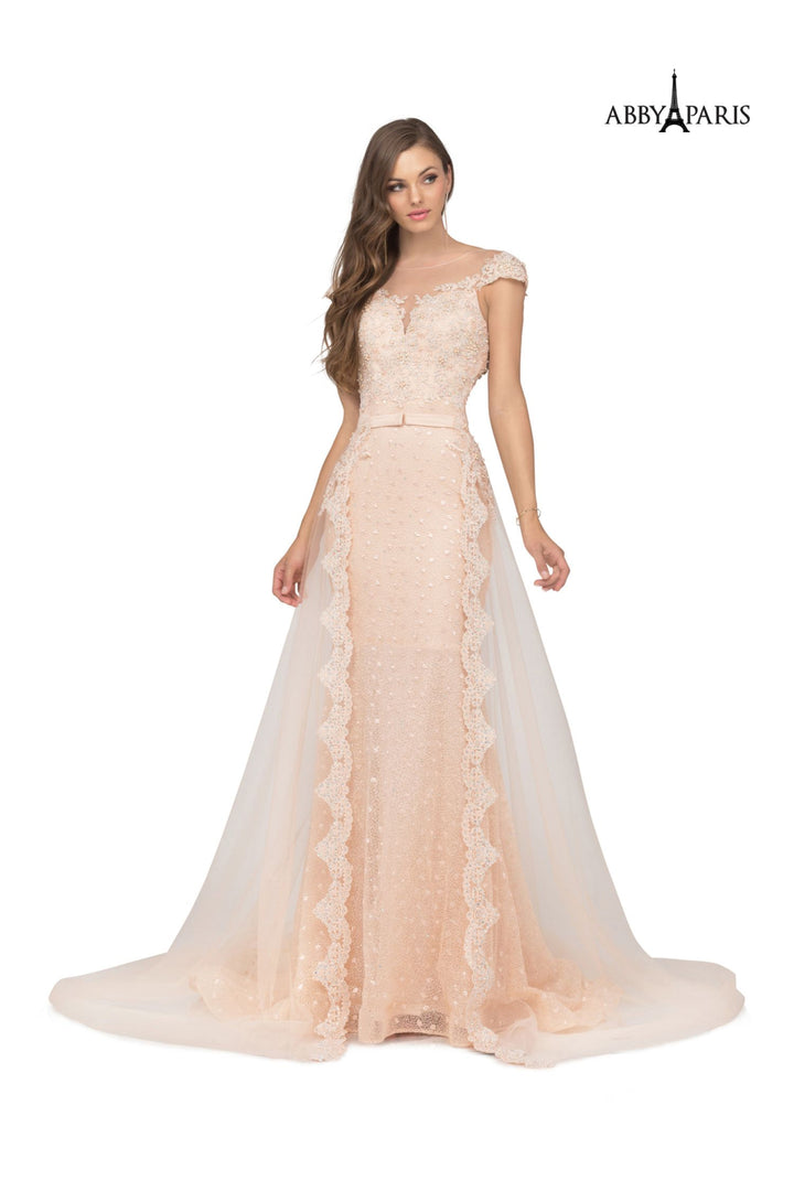 Lucci Lu 981012 Champagne Blush Lace Cap Sleeve Dress with Overskirt