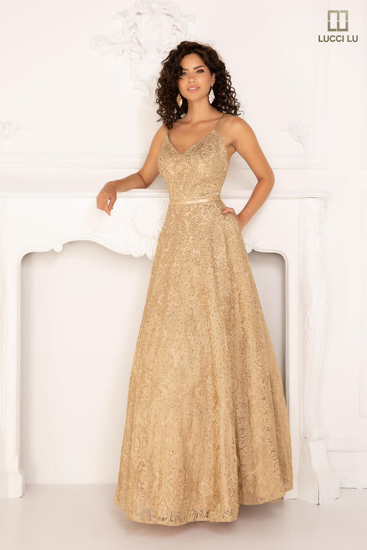 Lucci Lu 1095 Gold Embroidered Tulle Ballgown
