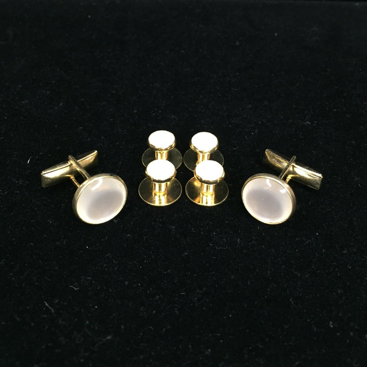 Pearl White center with Gold Edging Set includes 4 Studs and 2 Cufflinks to dresses up your Formal Tuxedo Shirt