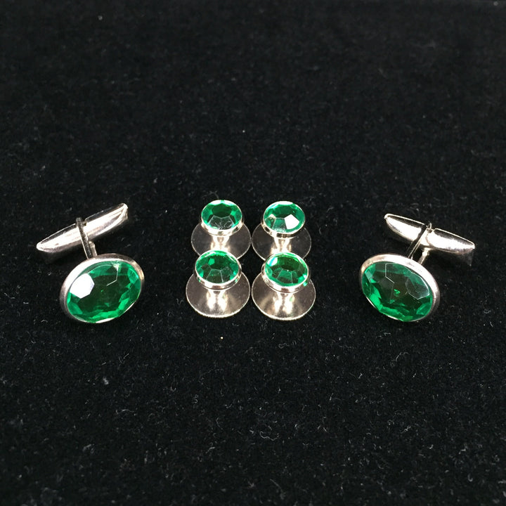Emerald Green center with Silver Edging Set includes 4 Studs and 2 Cufflinks to dresses up your Formal Tuxedo Shirt.