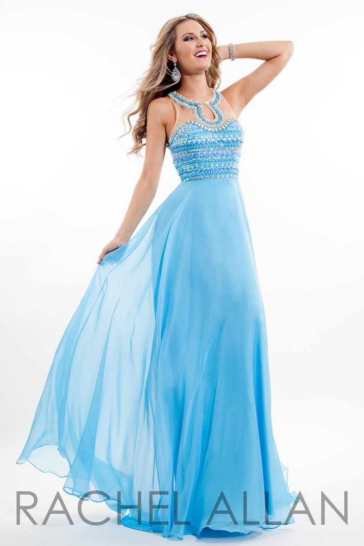 Flowing Sky Blue chiffon a-line dress featuring an illusion sweetheart neckline with beaded accents of lavender, white and mint and beaded straps across the back.