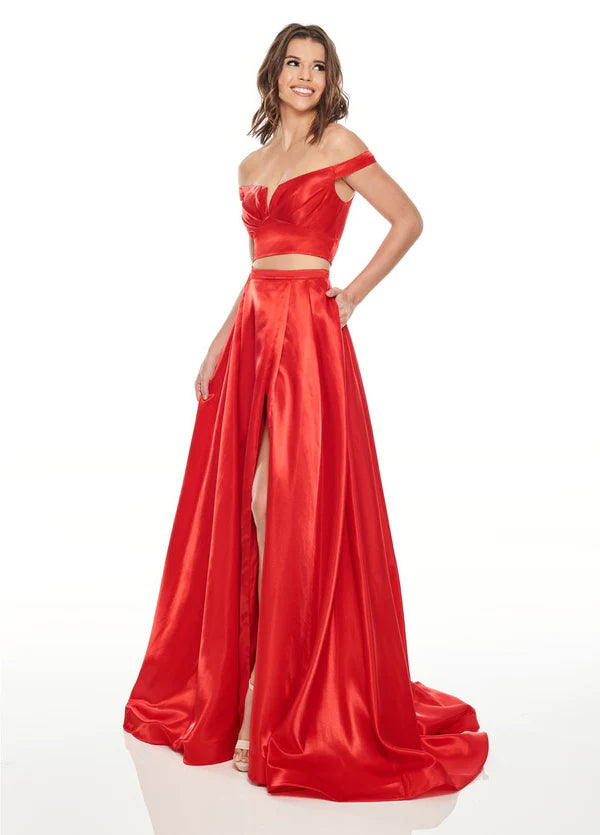 Rachel Allan 7185 Red 2 Piece Satin Dress with Slit
