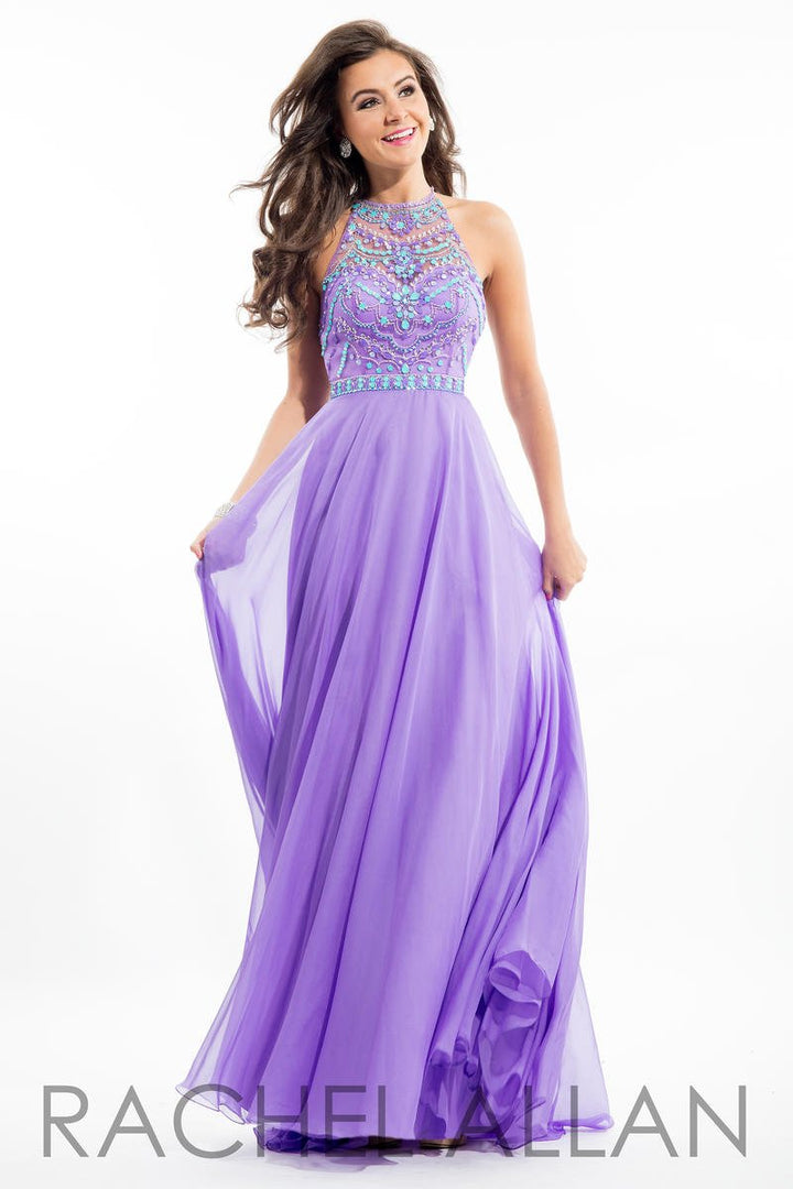 Beautiful Lilac sweetheart chiffon dress with lilac and turquoise beaded illusion halter neckline and back detail.
