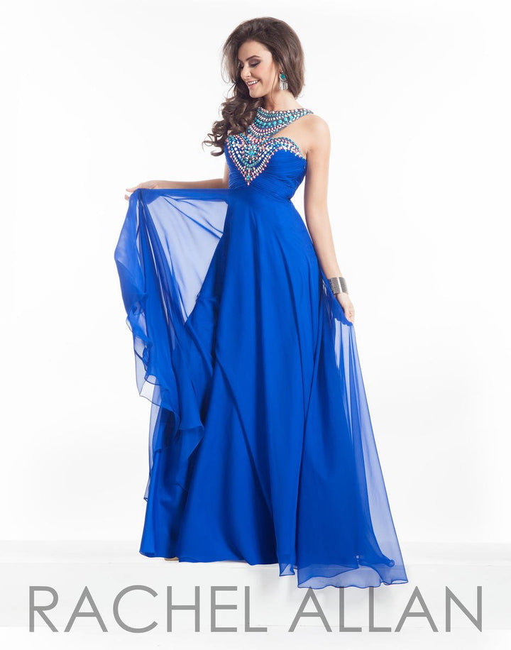 Stunning Royal Blue chiffon dress with unique sweetheart and beaded halter neckline with beaded illusion back detail.