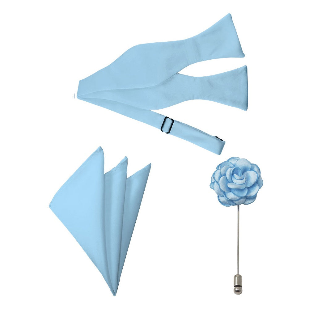 Powder Blue Satin Bow Tie, Pocket Square, and Lapel Pin Set TieOutlet.com 