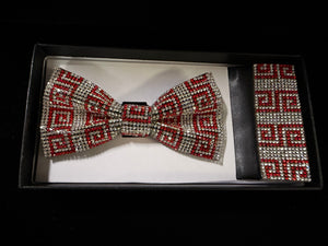 Red & Silver Sparkling Crystal Design Bow Tie & Pocket Square - Formalwear Outlet