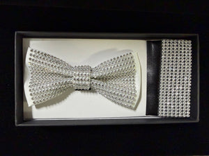 White Silver Sparkling Crystal Bow Tie & Pocket Square Boxed Set - Formalwear Outlet