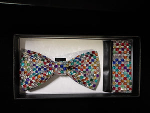 Rainbow Multi and Silver Sparkling Crystal Bow Tie & Pocket Square Boxed Set - Formalwear Outlet