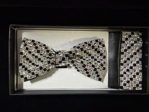 Black Silver Sparkling Crystal Bow Tie & Pocket Square Boxed Set - Formalwear Outlet