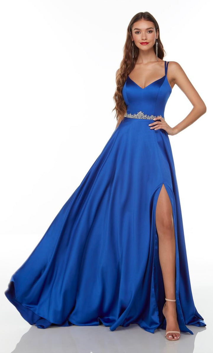 Alyce Paris 1731 Royal Blue Luminous Satin A-Line Dress with Slit