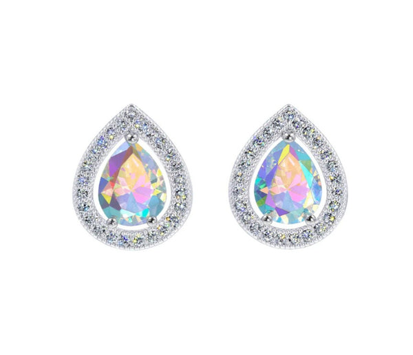 Teardrop Brilliance Halo Set AB Silver Stud Earrings