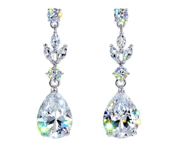 Cubic Zirconia Clear Silver Teardrop Cascade Earrings Rhinestone Jewelry 