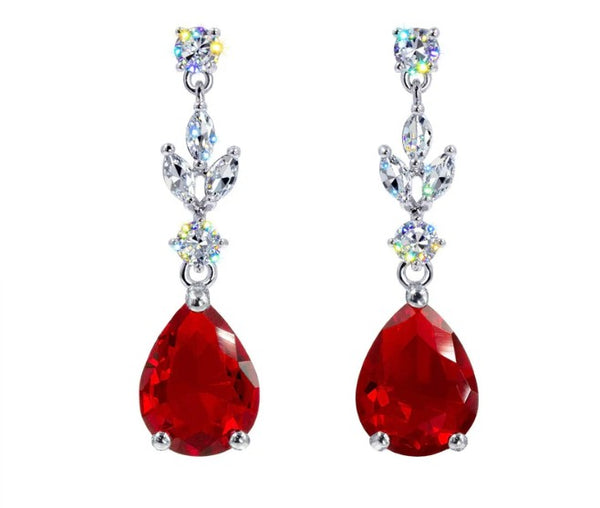 Cubic Zirconia Red Teardrop Cascade Earrings Rhinestone Jewelry 