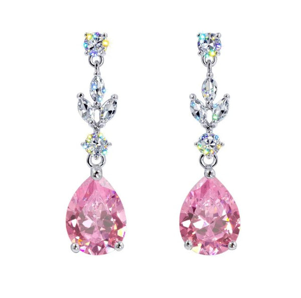 Cubic Zirconia Rose Pink Teardrop Cascade Earrings Rhinestone Jewelry 