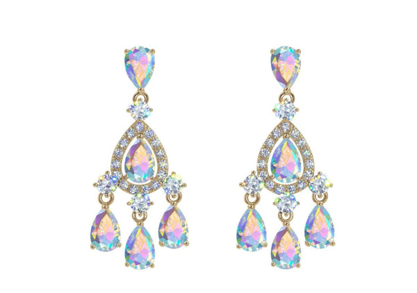Pear Drop Chandelier AB Gold Earrings Rhinestone Jewelry 
