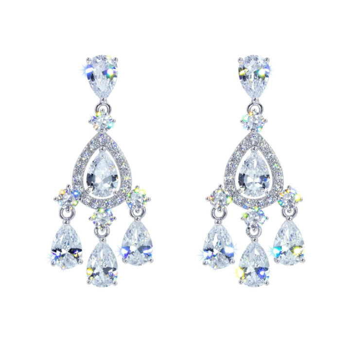 Pear Drop Cubic Zirconia Chandelier Earrings - Crystal Silver or AB Gold