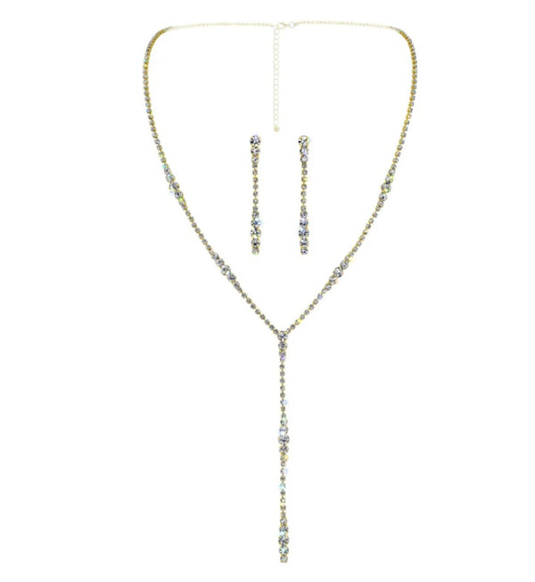 Gold Graduated Y Drop Rhinestone Necklace & Earring Set Rhinestone Jewelry 