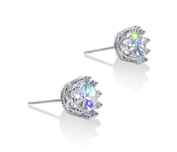 Vintage-Style Crown Setting Cubic Zirconia 8mm Silver Stud Earrings