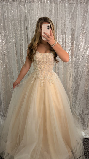 FLAIR Prom 23680 Champagne Beaded Bodice Tulle A-Line Dress FLAIR Prom 