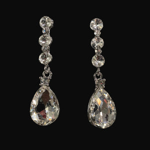 Clear Crystal Rhinestone Triple Stone Teardrop Link Dangle Silver Earrings 