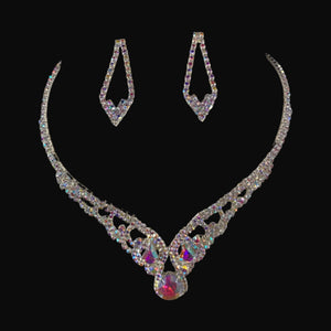 Iridescent Teardrop Stone Accented Rhinestone Paved V Shape Silver Necklace and Earring Set