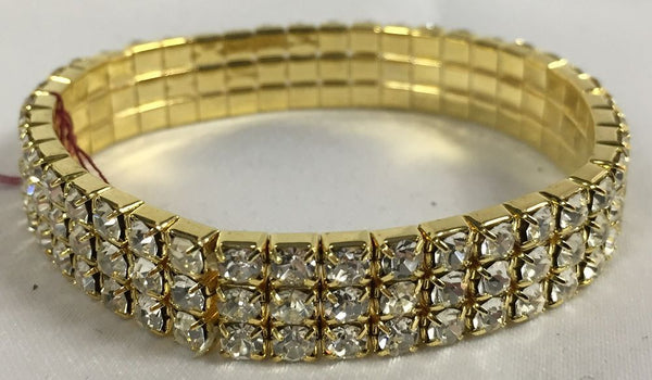 Crystal Rhinestone 3 Row Stretch Bracelet in Gold