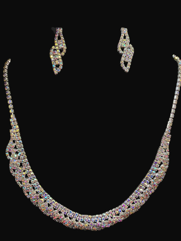 AB Rhinestone Pave Twist Silver Necklace and Earring Set