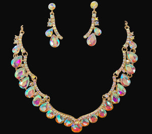 AB Teardrop Stone Cluster Embellished Gold Necklace and Earring Set