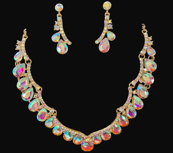 AB Teardrop Stone Cluster Embellished Gold Necklace and Earring Set