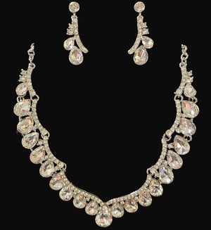 Clear Crystal Rhinestone Teardrop Stone Cluster Embellished Evening Necklace and Earring Set&nbsp;Fashion Jewelry 