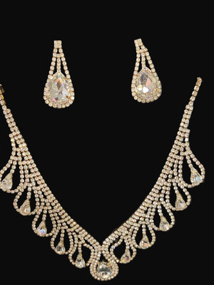 Teardrop Clear Crystal Rhinestone Collar Gold Necklace and Earring Set 