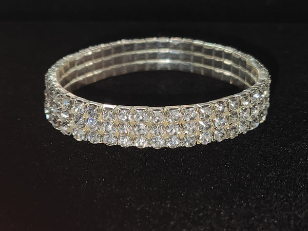 Crystal Rhinestone 3 Row Silver Stretch Bracelet