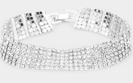 6 Row Crystal Rhinestone Silver Bracelet
