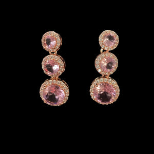 Pink Cubic Zirconia Triple Round Link Earrings with Rosegold Tone Metal