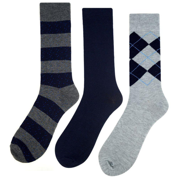 Men's 3 Pack Fancy Crew Socks - Grey and Navy Designs