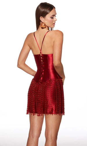 ALYCE Paris 40118 Satin Corset Mini Dress with Beaded Fringe Hem Alyce Paris 