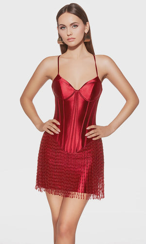 ALYCE Paris 40118 Satin Corset Mini Dress with Beaded Fringe Hem Alyce Paris 