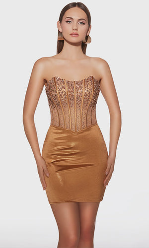 ALYCE Paris 40122 Beaded Illusion Corset Metallic Satin Cocktail Dress