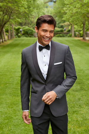 New Slim Fit Charcoal Grey Tuxedo Jacket with Black Shawl Lapel and Matching Pants 1910 Couture 